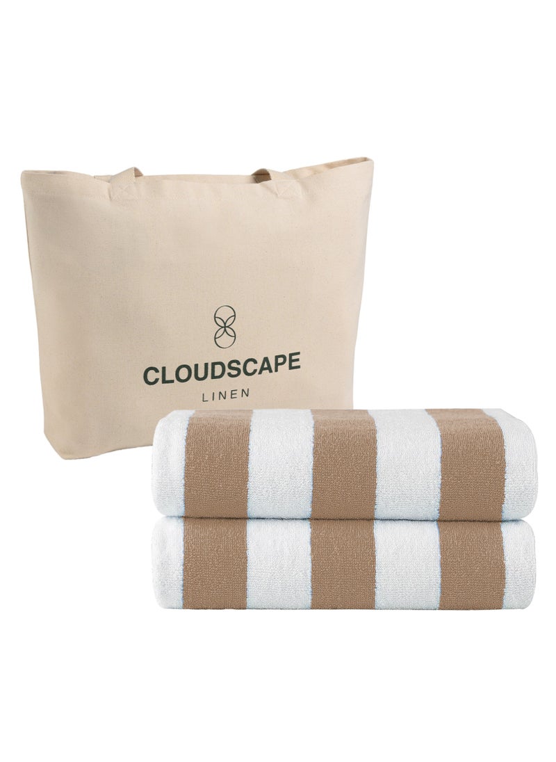 Cabana Stripe Beach Towel Set Pack of 2, Oversized Soft Cotton Towel, Perfect for Beach ,30x60, Beige
