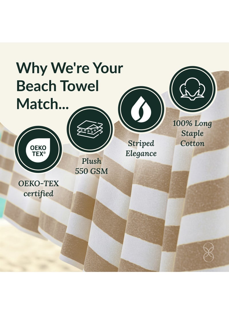 Cabana Stripe Beach Towel Set Pack of 2, Oversized Soft Cotton Towel, Perfect for Beach ,30x60, Beige