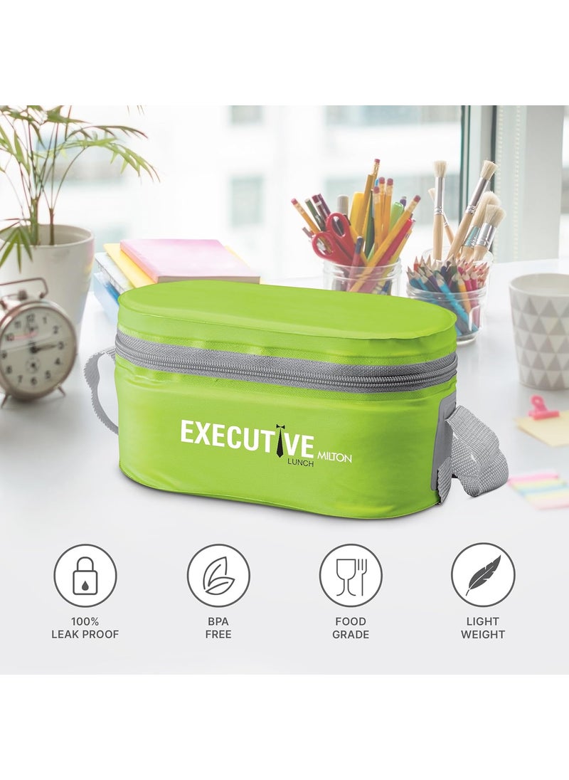 MILTON Executive Lunch Box, 2 Round Inner Steel Round Containers 280ml Each and 1 Microwave Safe Oval Plastic Container, 450ml with Insulated Bag, Office Tiffin for Leak-Proof, Easy to Carry, Green