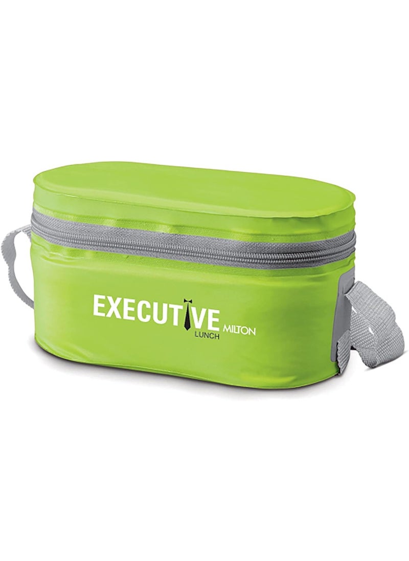 MILTON Executive Lunch Box, 2 Round Inner Steel Round Containers 280ml Each and 1 Microwave Safe Oval Plastic Container, 450ml with Insulated Bag, Office Tiffin for Leak-Proof, Easy to Carry, Green