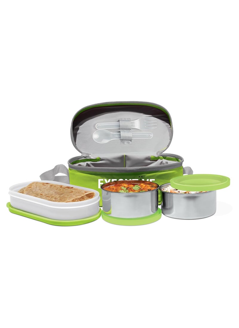 MILTON Executive Lunch Box, 2 Round Inner Steel Round Containers 280ml Each and 1 Microwave Safe Oval Plastic Container, 450ml with Insulated Bag, Office Tiffin for Leak-Proof, Easy to Carry, Green