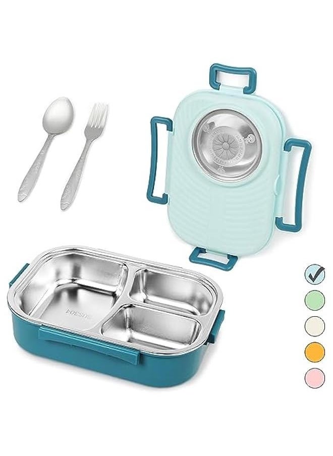 Stainless Steel Bento Lunch Box for Kids and Adults,Stackable BPA-Free Food Containers with 3 Compartments and Reusable Sauce Bowl, Fork and Spoon, (1000ml/34oz,Skyblue)