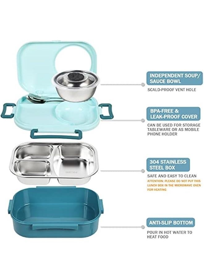 Stainless Steel Bento Lunch Box for Kids and Adults,Stackable BPA-Free Food Containers with 3 Compartments and Reusable Sauce Bowl, Fork and Spoon, (1000ml/34oz,Skyblue)