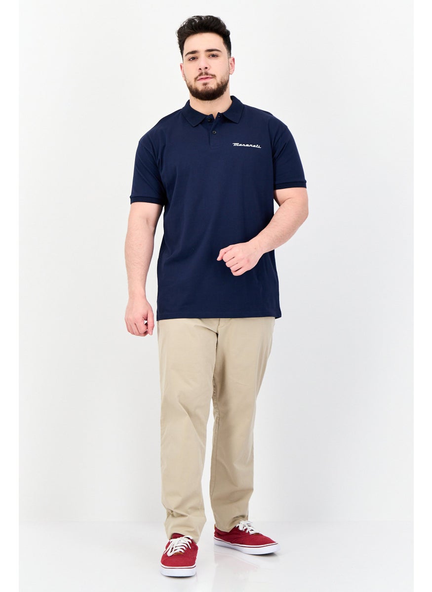 Men Regular Fit Brand Logo Short Sleeve Polo Shirt, Navy Blue