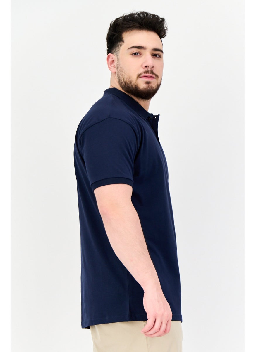 Men Regular Fit Brand Logo Short Sleeve Polo Shirt, Navy Blue