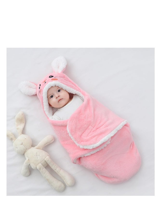1 Pack Baby Hooded Fleece Swaddle Blanket Newborn Cartoon Receiving Soft Plush Sleeping Bag Sack Stroller Wrap Hug Delivery Room Package Anti Kick  Sleep 62cm Pink Rabbit