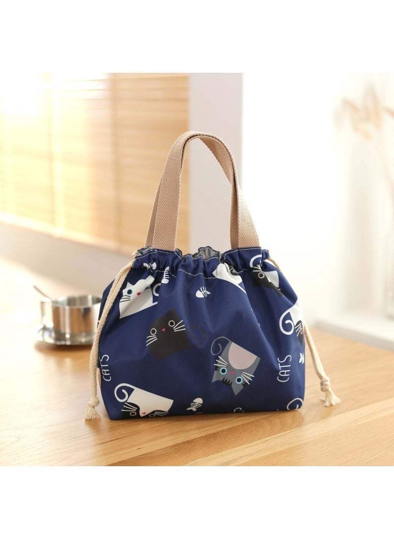 Large Capacity Lunch Bag Drawstring Insulated Blue Cat Drawstring Lunch Box Bag