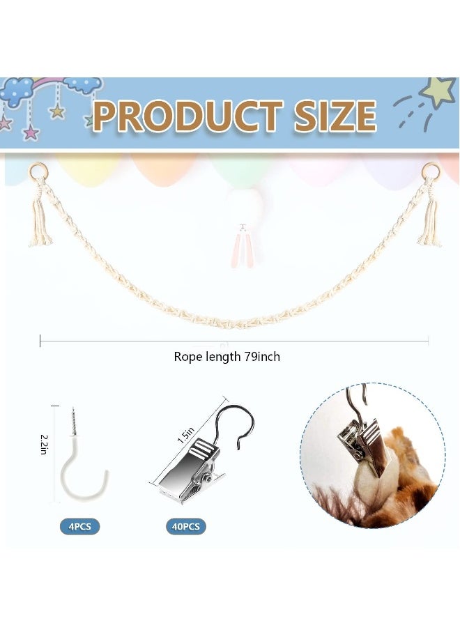 2 Pcs Boho Stuffed Animals Storage Chain, Strong Toy Storage Hanging Chain with 40 Metal Clips, Includes 4 Ceiling Hooks, Organize Plush Toys, Hats, Socks, and Holiday Cards