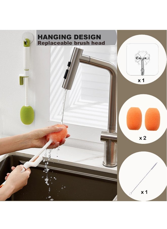 Bottle Cleaning Brush,3 in 1 Multifunctional Cleaning Brush Long Handle Replaceable Sponge for Narrow Neck Water Bottles, Baby Bottles, Tumblers, Drinking Glasses, Strews, Mug