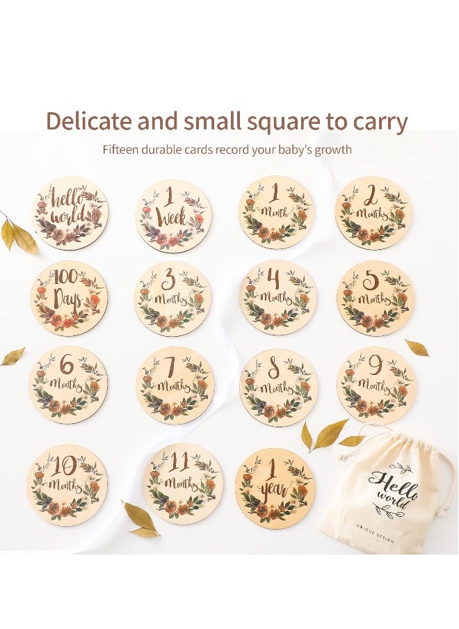 Baby Monthly Milestone 15 Pieces Milestone Numbers Props Wooden Newborn Welcome Discs Sign Baby Milestone Cards Weekly Monthly Growth Milestone Signs Baby Announcement Props For Boys Girls Photo Prop