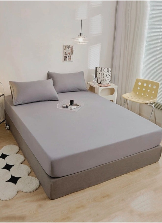 King Size Fitted bed sheet 180*200+30 cm with 2 pillow covers,  set of 3 pieces, plain grey color.