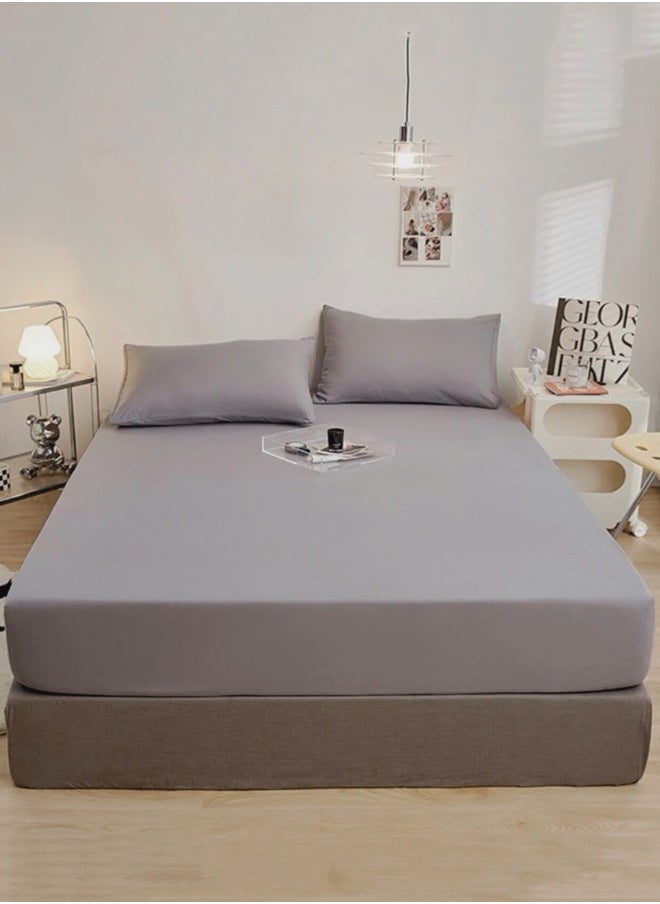 King Size Fitted bed sheet 180*200+30 cm with 2 pillow covers,  set of 3 pieces, plain grey color.