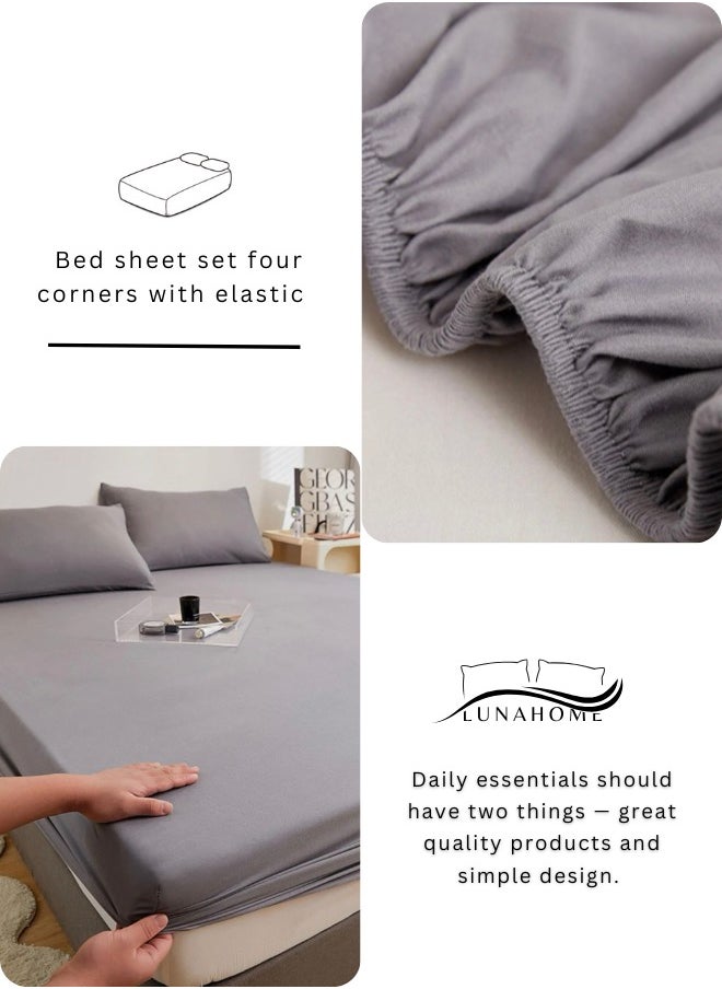 King Size Fitted bed sheet 180*200+30 cm with 2 pillow covers,  set of 3 pieces, plain grey color.