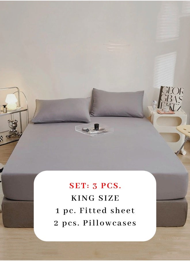 King Size Fitted bed sheet 180*200+30 cm with 2 pillow covers,  set of 3 pieces, plain grey color.