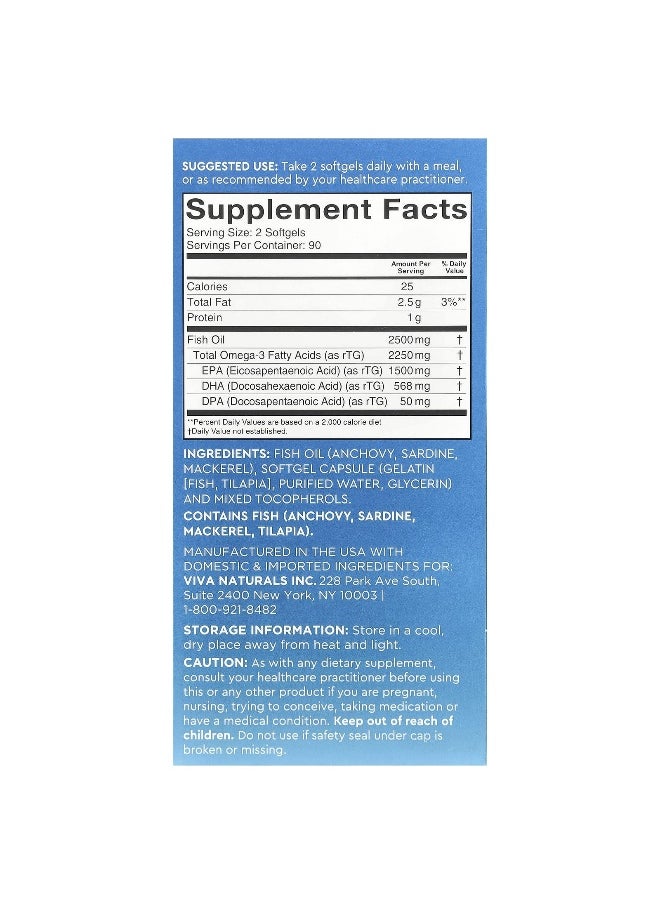 Viva Naturals, Omega-3 Fish Oil, Triple-Strength, 2,500 mg, 180 Softgels (1,250 mg Per Softgel)