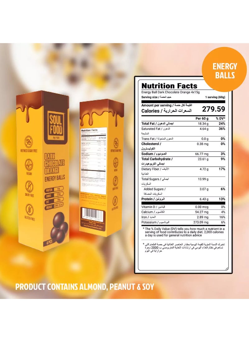 Soul Food Dark Chocolate Energy Balls with Orange (4 Pieces) - vegan, dairy free, gluten free 60g x 24