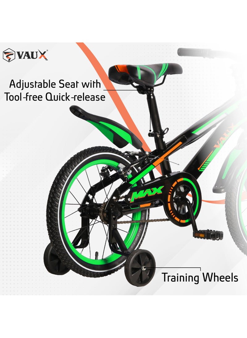 Vaux Max Kids Road Bike for 6-14 Years Boys And Girls, Adjustable Seat,16 Inch Training Wheels - Green