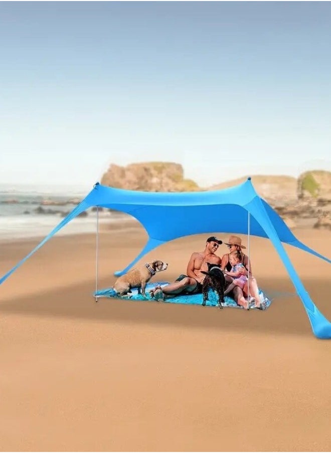 Pop-Up Beach Tent Canopy – UPF50+ Lycra Sun Shade, Windproof Outdoor Shelter with 2 Stability Poles, Sand Anchors & Carry Bag – Portable for Beach, Camping, Fishing, Backyard (Blue)