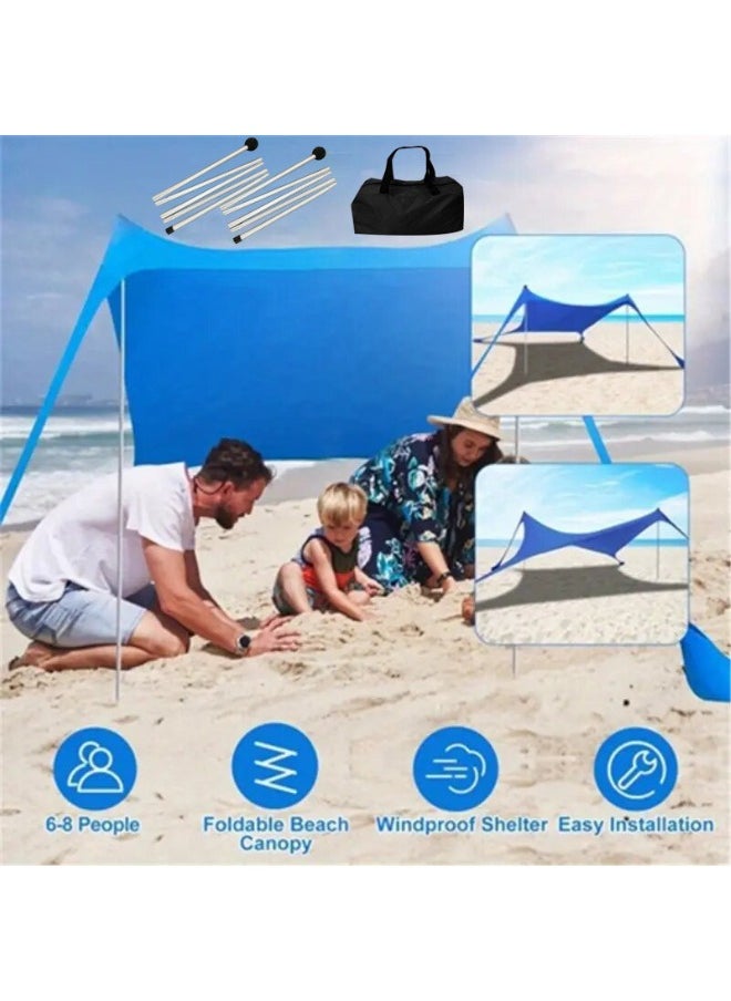 Pop-Up Beach Tent Canopy – UPF50+ Lycra Sun Shade, Windproof Outdoor Shelter with 2 Stability Poles, Sand Anchors & Carry Bag – Portable for Beach, Camping, Fishing, Backyard (Blue)