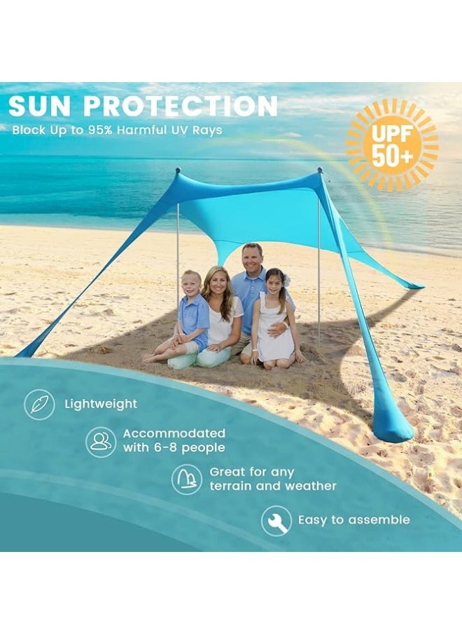 Pop-Up Beach Tent Canopy – UPF50+ Lycra Sun Shade, Windproof Outdoor Shelter with 2 Stability Poles, Sand Anchors & Carry Bag – Portable for Beach, Camping, Fishing, Backyard (Blue)