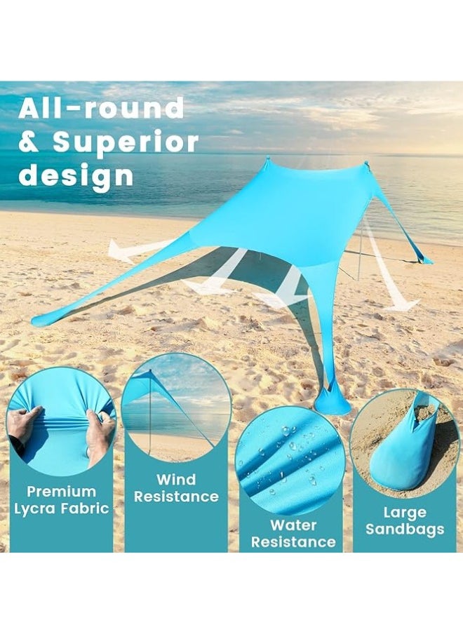 Pop-Up Beach Tent Canopy – UPF50+ Lycra Sun Shade, Windproof Outdoor Shelter with 2 Stability Poles, Sand Anchors & Carry Bag – Portable for Beach, Camping, Fishing, Backyard (Blue)