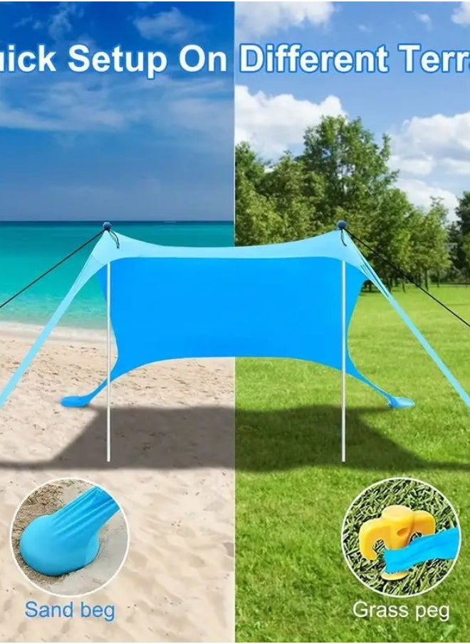 Pop-Up Beach Tent Canopy – UPF50+ Lycra Sun Shade, Windproof Outdoor Shelter with 2 Stability Poles, Sand Anchors & Carry Bag – Portable for Beach, Camping, Fishing, Backyard (Blue)