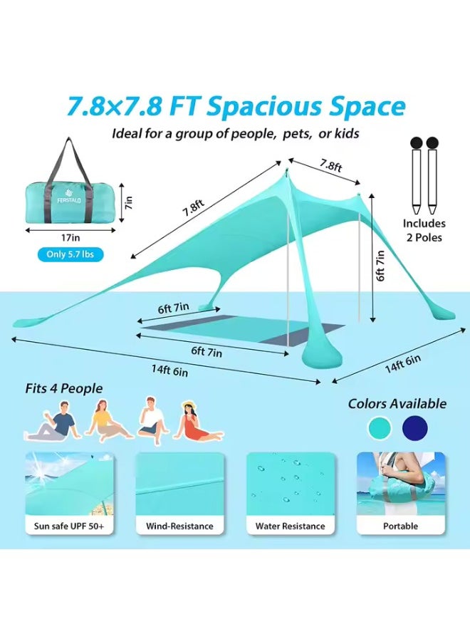 Pop-Up Beach Tent Canopy – UPF50+ Lycra Sun Shade, Windproof Outdoor Shelter with 2 Stability Poles, Sand Anchors & Carry Bag – Portable for Beach, Camping, Fishing, Backyard (Blue)
