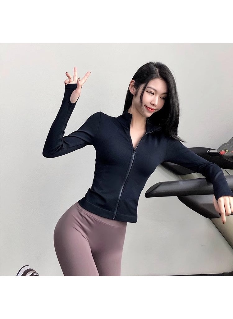 Handsome zipper stand collar sports top stretch windproof yoga clothes womens running fitness jacket slim slimming jacket Blue