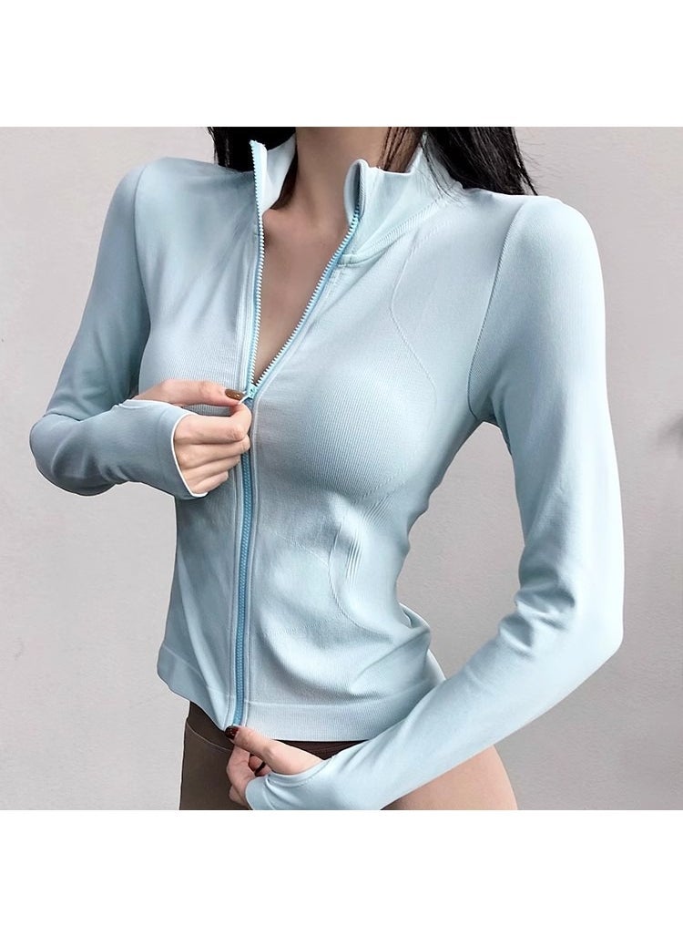 Handsome zipper stand collar sports top stretch windproof yoga clothes womens running fitness jacket slim slimming jacket Blue