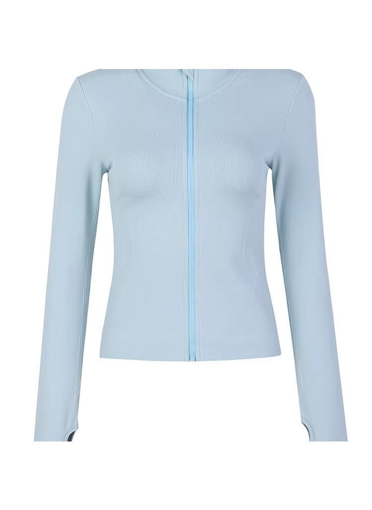 Handsome zipper stand collar sports top stretch windproof yoga clothes womens running fitness jacket slim slimming jacket Blue