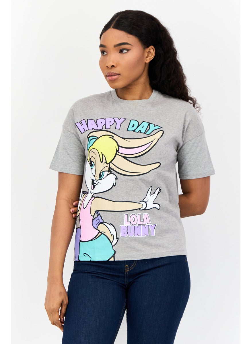 Women Crew Neck Short Sleeve Graphic Print T-Shirt, Grey