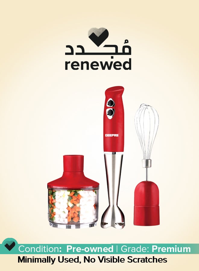Renewed - Hand Blender - Stainless Steel Blades with 2 Speed for Baby Food, Soup, Juice | 860ml Chopper Bowl & Electric Egg Whisk - 2 Years Warranty GHB6136 Red/Silver/Clear