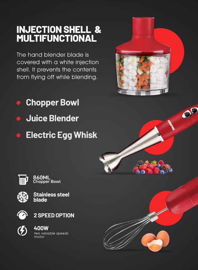 Renewed - Hand Blender - Stainless Steel Blades with 2 Speed for Baby Food, Soup, Juice | 860ml Chopper Bowl & Electric Egg Whisk - 2 Years Warranty GHB6136 Red/Silver/Clear
