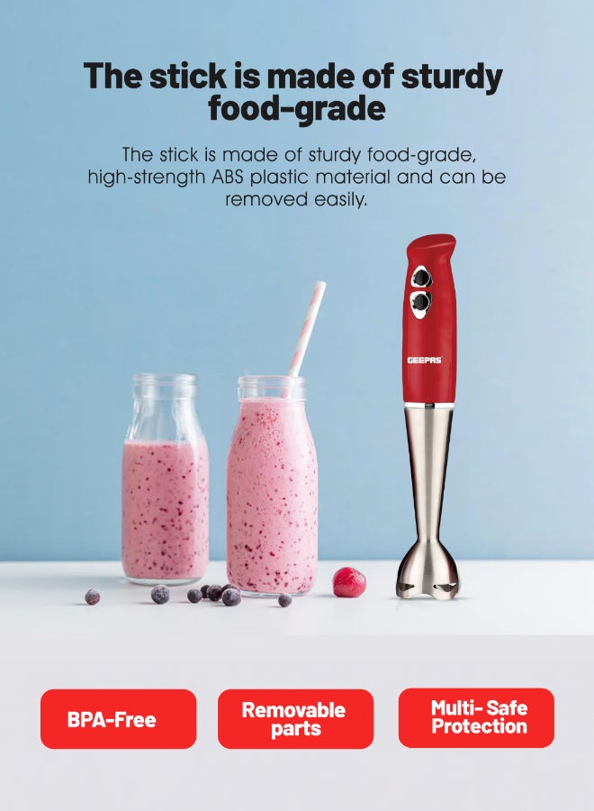 Renewed - Hand Blender - Stainless Steel Blades with 2 Speed for Baby Food, Soup, Juice | 860ml Chopper Bowl & Electric Egg Whisk - 2 Years Warranty GHB6136 Red/Silver/Clear