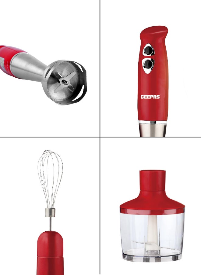 Renewed - Hand Blender - Stainless Steel Blades with 2 Speed for Baby Food, Soup, Juice | 860ml Chopper Bowl & Electric Egg Whisk - 2 Years Warranty GHB6136 Red/Silver/Clear