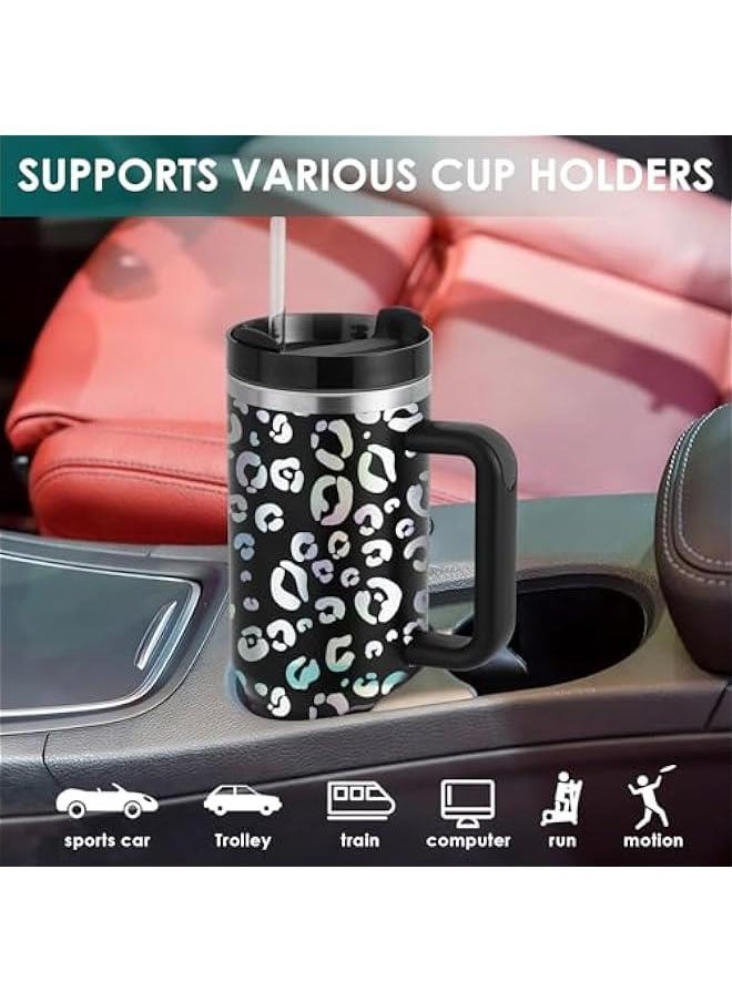 40oz Leopard Tumbler with Handle Straw Lid, Stainless Steel Vacuum Insulated Reusable Travel Mug Keep Drinks Cold Ice Gym Cup, Gifts for Women Lovers, Car Holder Friendly, Black