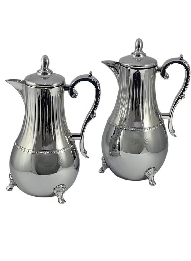 Premium 2-Piece Stainless Steel Flask Set (0.75L & 1L) – Elegant Silver Thermal Tea/Coffee Servers with Ornate Handles | Durable, Decorative & Travel-Ready | Made in Turkey