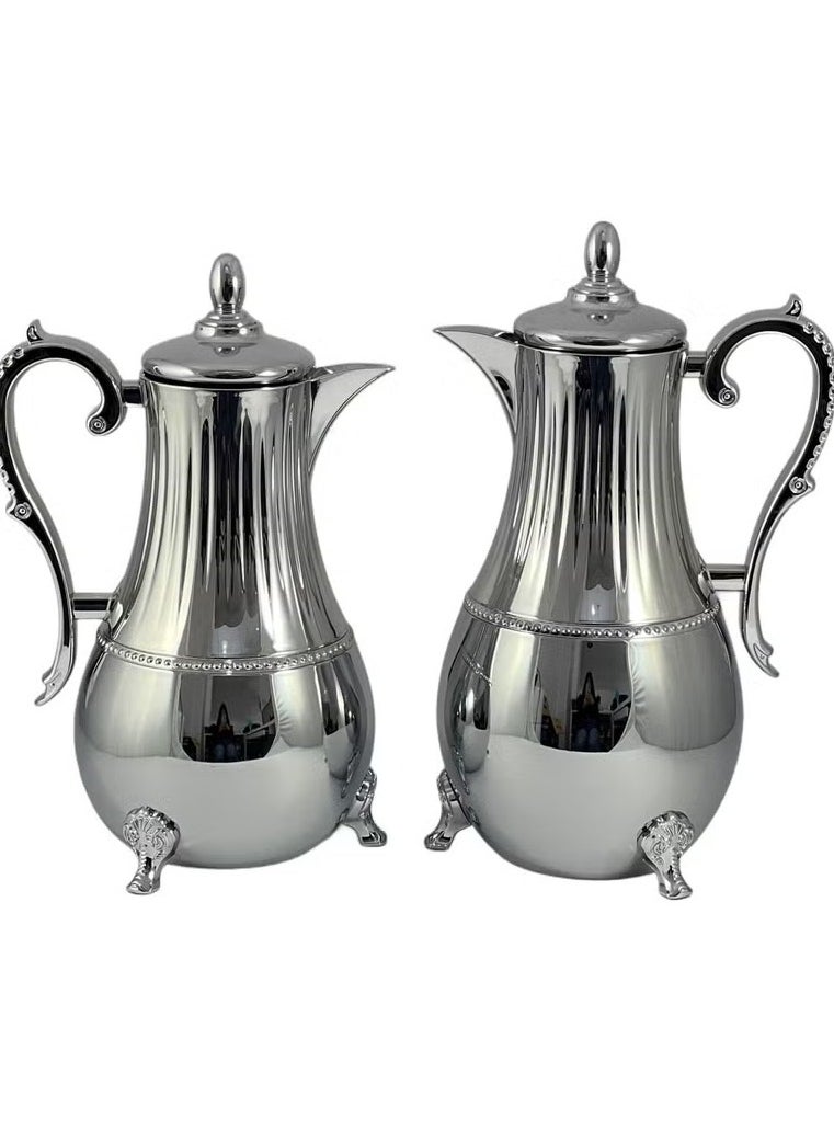 Premium 2-Piece Stainless Steel Flask Set (0.75L & 1L) – Elegant Silver Thermal Tea/Coffee Servers with Ornate Handles | Durable, Decorative & Travel-Ready | Made in Turkey