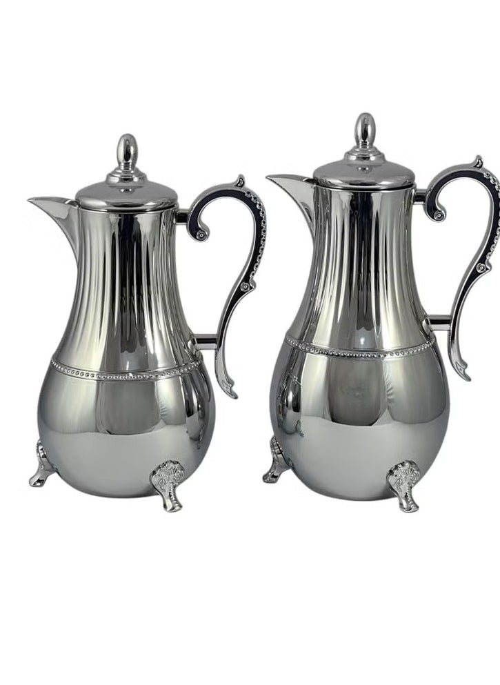 Premium 2-Piece Stainless Steel Flask Set (0.75L & 1L) – Elegant Silver Thermal Tea/Coffee Servers with Ornate Handles | Durable, Decorative & Travel-Ready | Made in Turkey