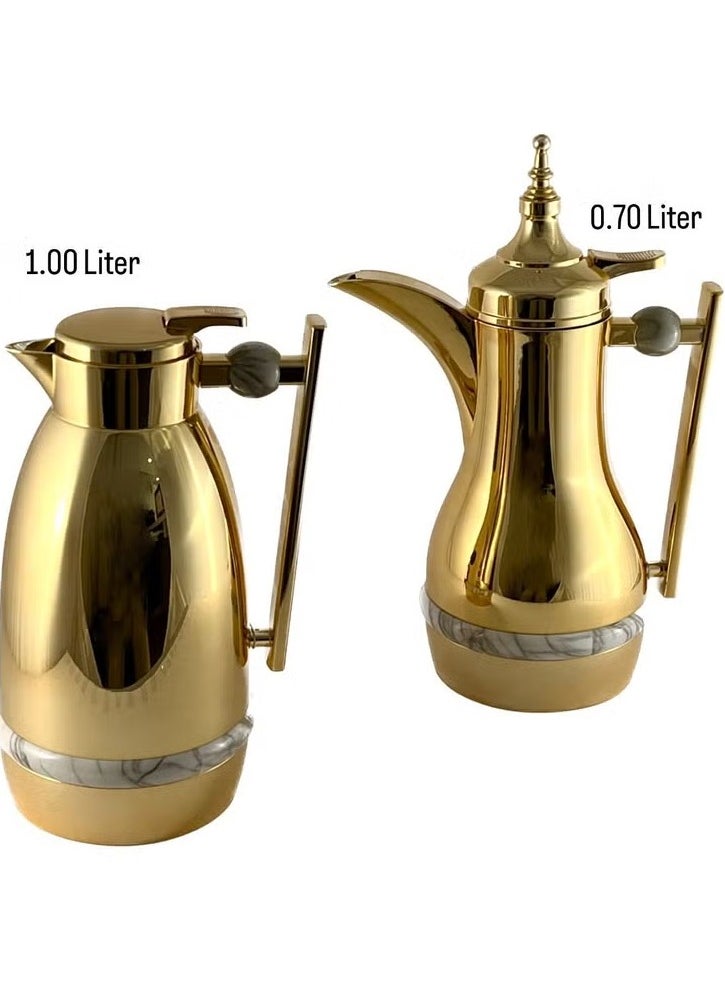 2-Piece Premium Gold Tea & Coffee Flask Set – 0.7L & 1L | Glass Inner, ABS Body, Asbestos-Free | Long-Lasting Heat & Cold Retention, Easy-Pour Stylish Design