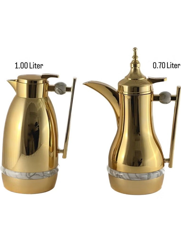 2-Piece Premium Gold Tea & Coffee Flask Set – 0.7L & 1L | Glass Inner, ABS Body, Asbestos-Free | Long-Lasting Heat & Cold Retention, Easy-Pour Stylish Design