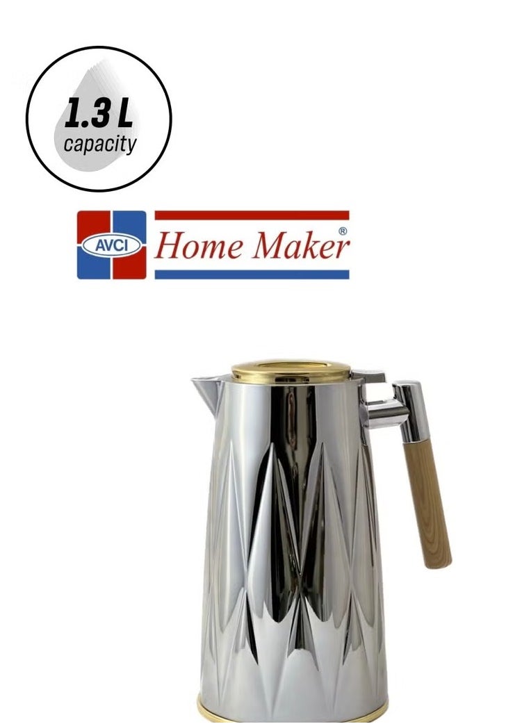 Elegant 1.3L Tea & Coffee Flask – Silver & Gold Finish | Premium Turkish Craftsmanship, Excellent Heat Retention, Handwash Safe