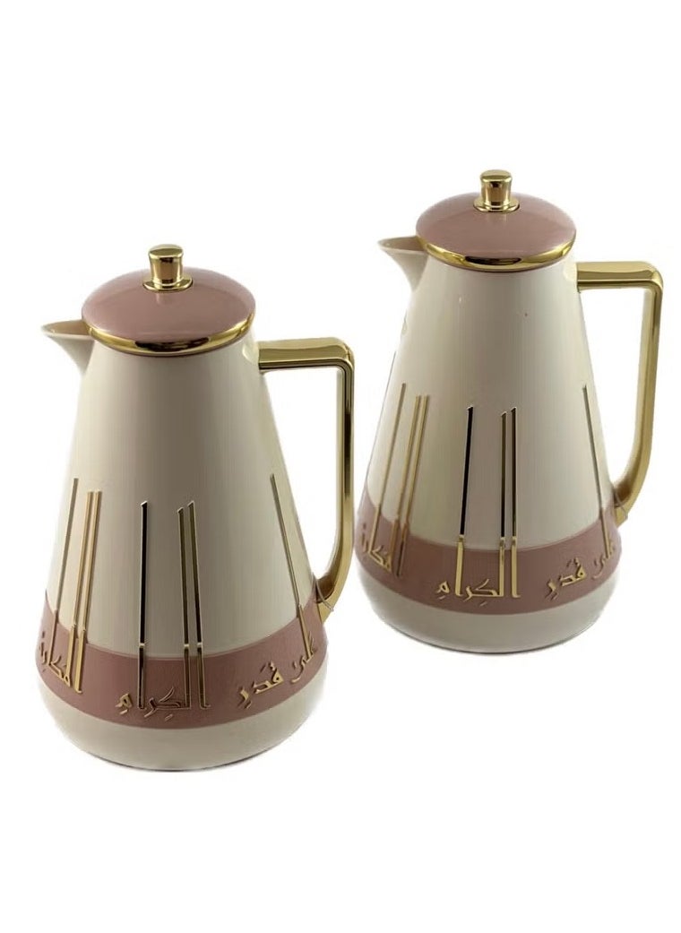 2-Piece Premium Tea & Coffee Flask Set – 1L Each | White, Pink & Gold | Glass Inner | Durable ABS Body | Keeps Drinks Hot & Cold for Hours
