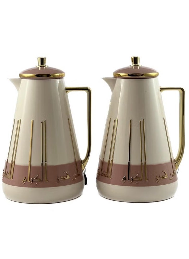 2-Piece Premium Tea & Coffee Flask Set – 1L Each | White, Pink & Gold | Glass Inner | Durable ABS Body | Keeps Drinks Hot & Cold for Hours