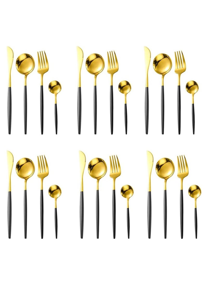 Western Style Flatware Set, 24-Piece Cutlery Set Service for 6, Mirror Polished Stainless Steel Utensil Set (Black/Gold) - Elegant Tableware for Dining, Parties, and Special Occasions