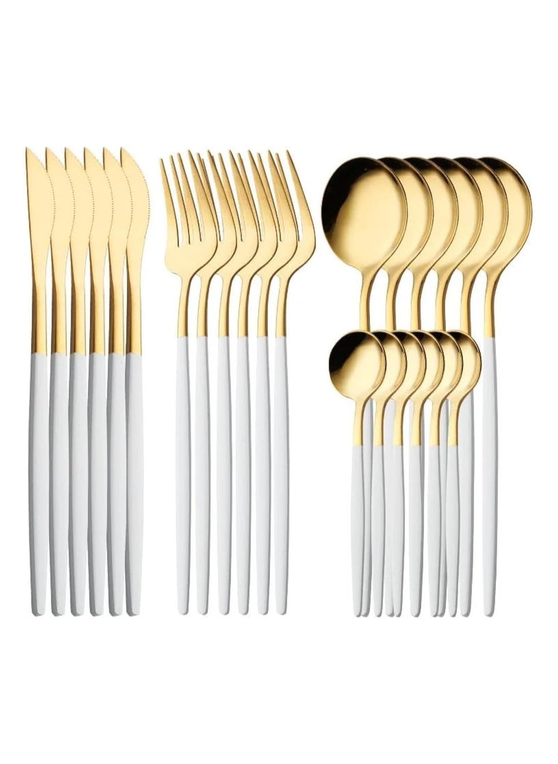 24-Piece Stainless Steel Cutlery Set – Gold & White Tableware for 6, Mirror Polished Dinner Set with Knives, Spoons, Forks – Elegant Flatware Set for Home, Kitchen, and Restaurant Use
