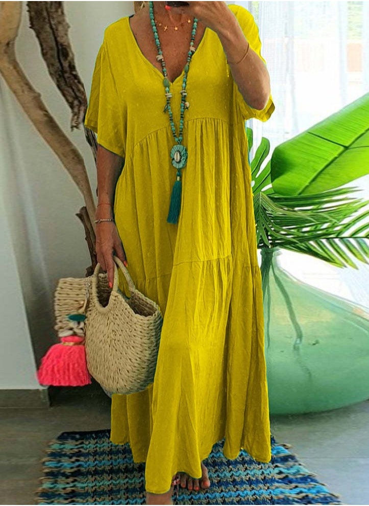 Womens Summer Loose Casual Short Sleeve Dresses Solid Color V-Neck Ruffled Maxi Dress Lemon Yellow