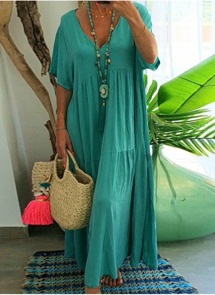 Womens Summer Loose Casual Short Sleeve Dresses Solid Color V-Neck Ruffled Maxi Dress Peacock Blue