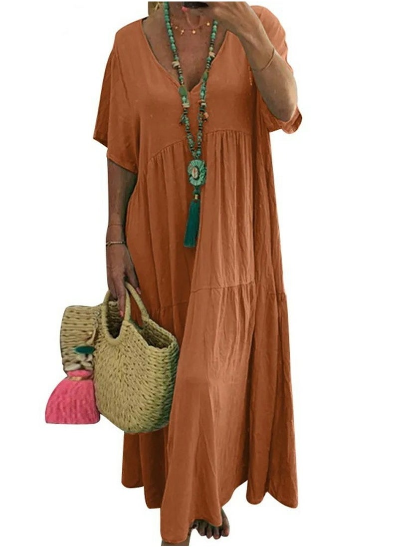 Womens Summer Loose Casual Short Sleeve Dresses Solid Color V-Neck Ruffled Maxi Dress Orange