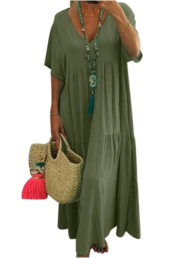 Womens Summer Loose Casual Short Sleeve Dresses Solid Color V-Neck Ruffled Maxi Dress Dark Green